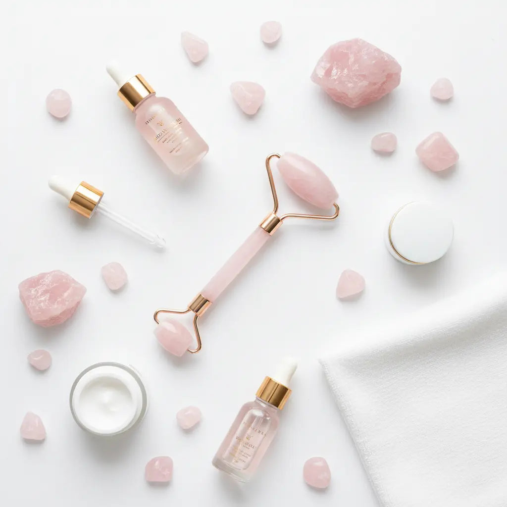 Flat lay con cuarzo rosa