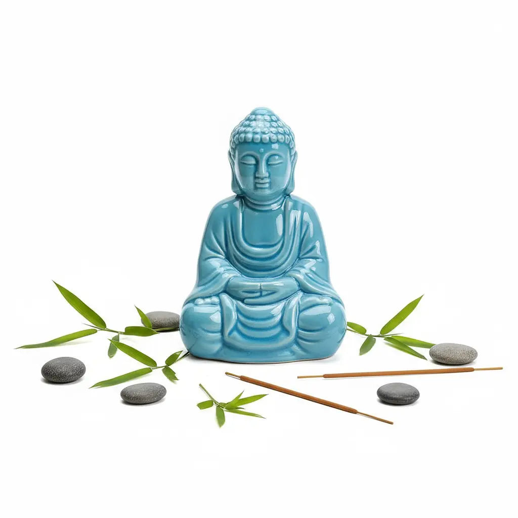 Buda azul con elementos zen - fondo blanco neutro