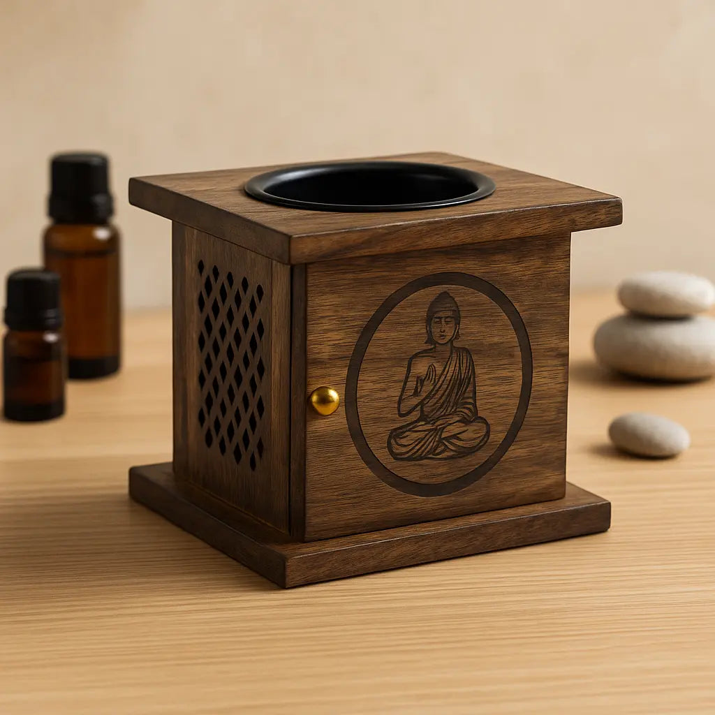 Caja grande de mango Buda en mesa minimalista