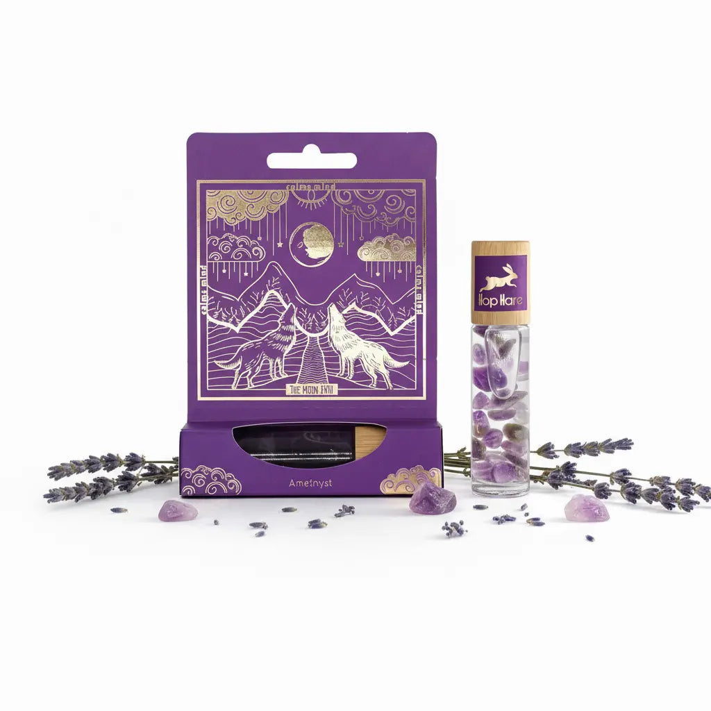 Con lavanda, amatista y producto grande - fondo blanco