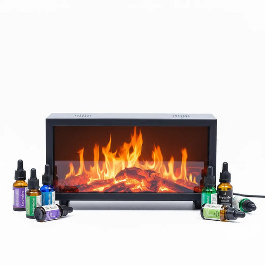 Difusor negro efecto llama uniforme con aceites - fondo blanco