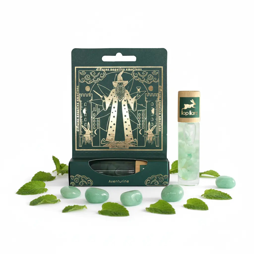 El Mago con aventurina verde, menta y caja - elementos alrededor - fondo blanco