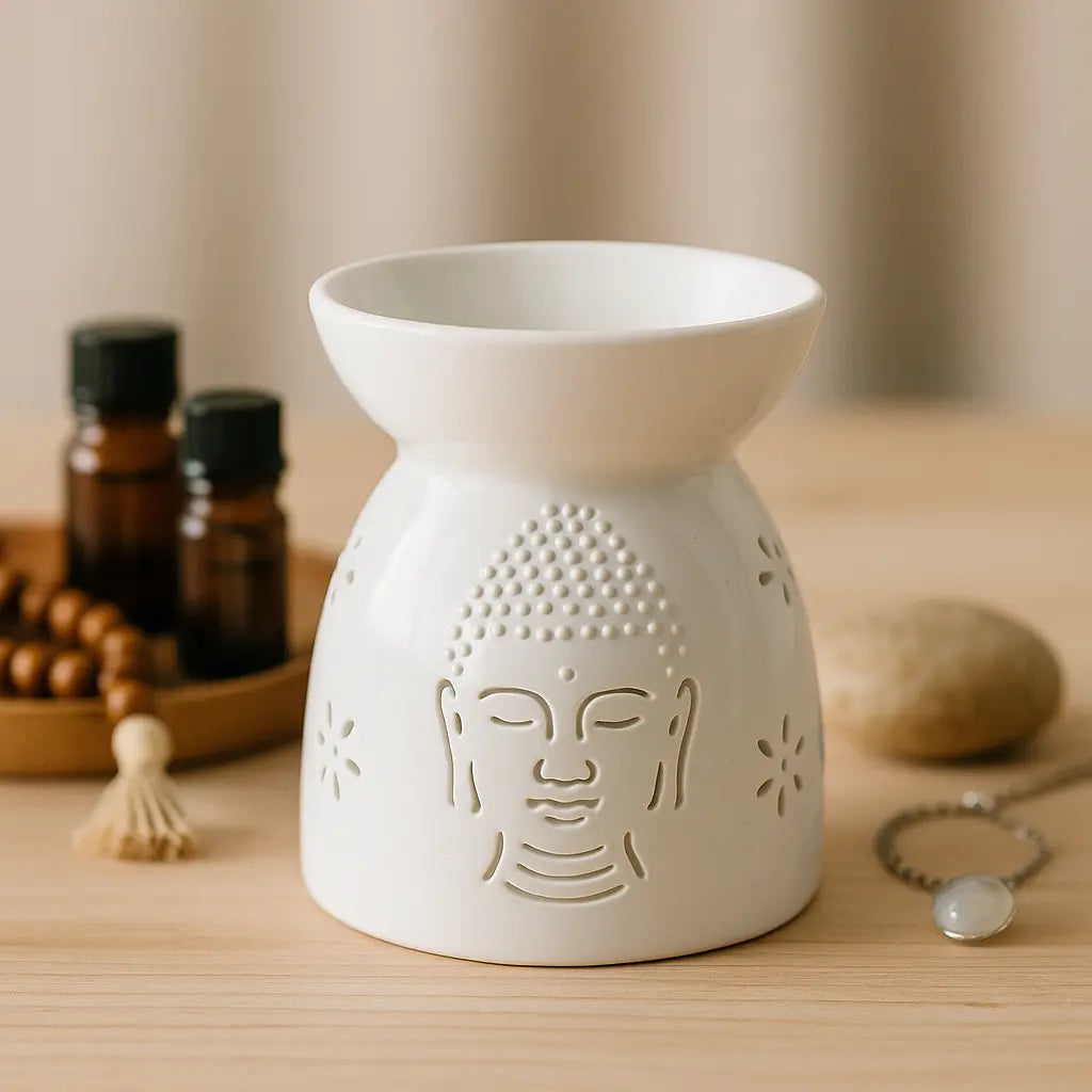 Quemador Buda blanco con recorte en mesa minimalista