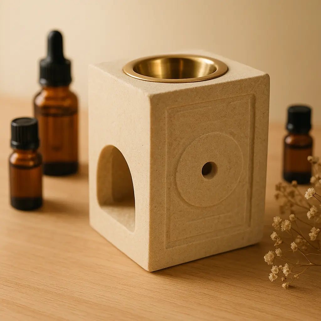 Quemador de piedra en mesa de madera